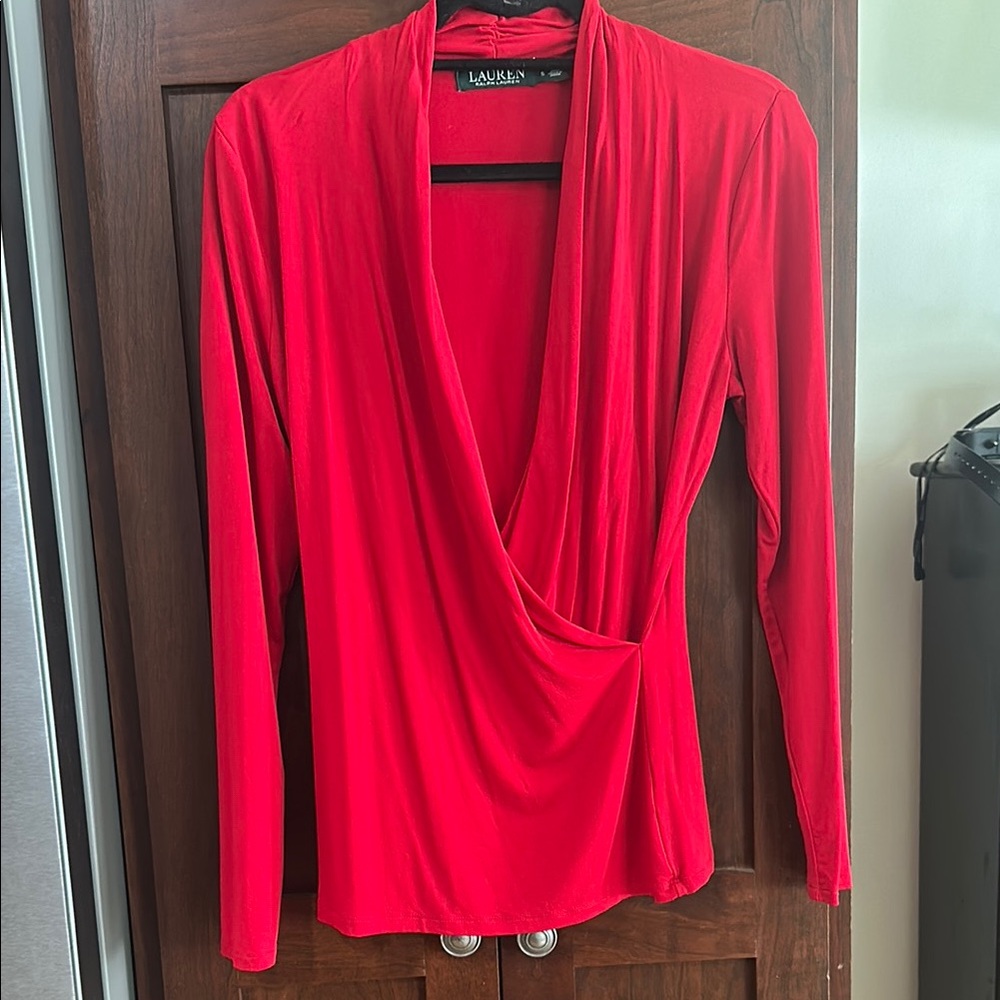 Ralph Lauren Red Drape Neck Blouse